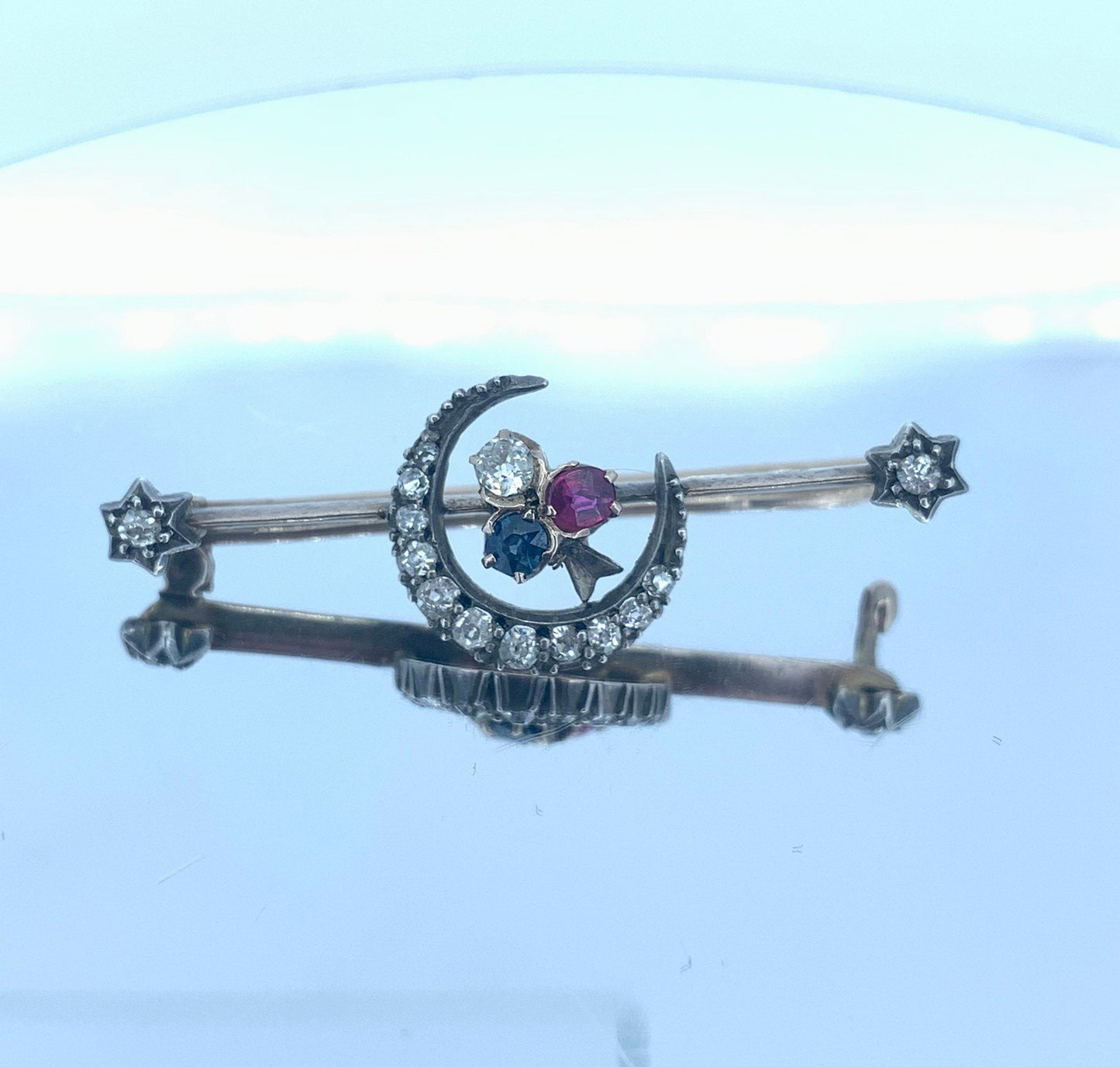 Antique Diamond, Ruby and Sapphire Closed Crescent Moon Brooch. Gold and Silver Set Victorian Brooch. Old European Cut Diamonds.