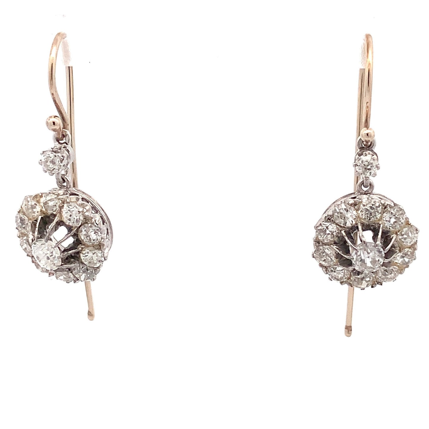 Antique 3 carat Victorian/Edwardian Old European Cut Diamond 18ct White Gold Daisy Cluster Drop Earrings.