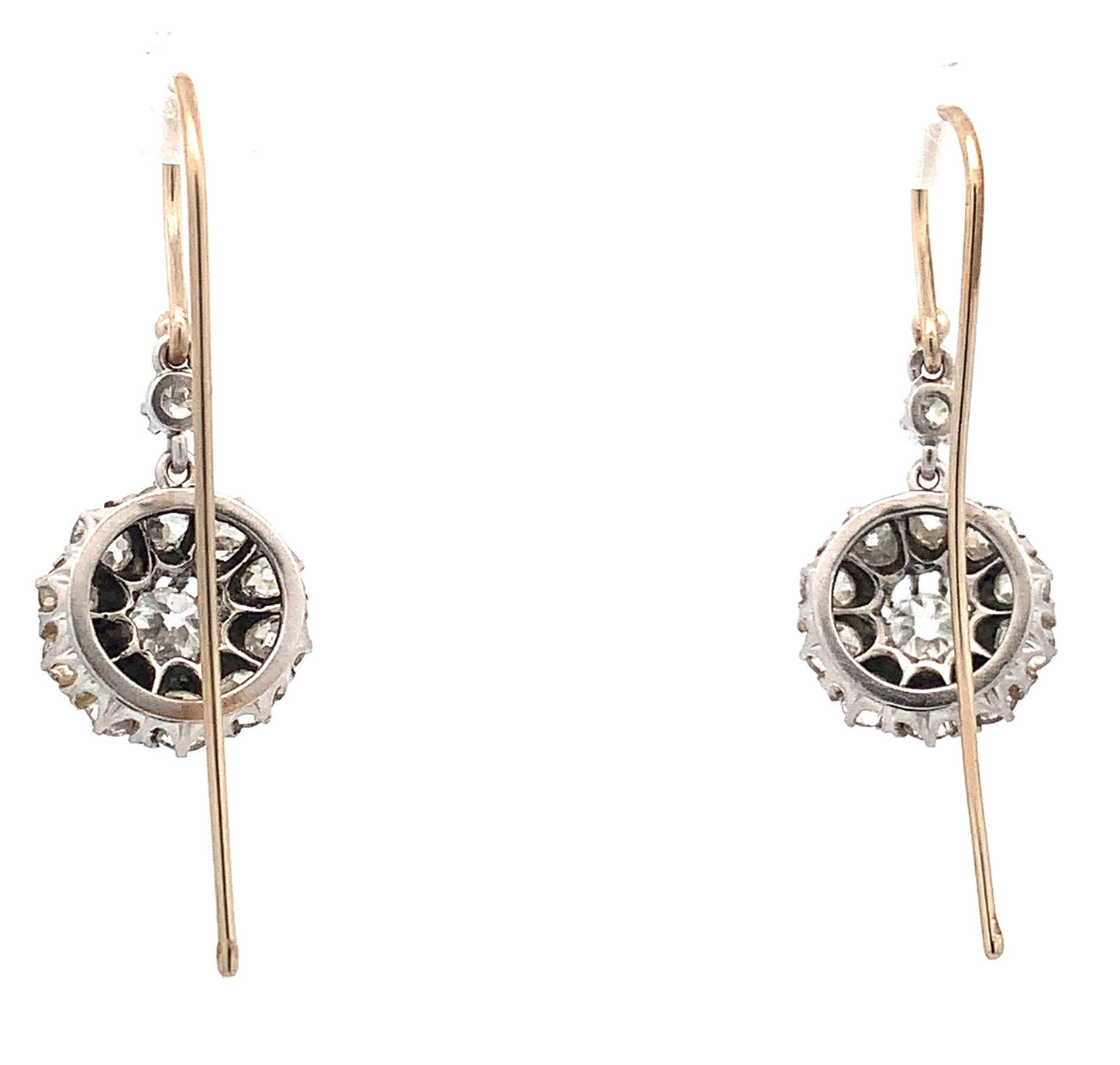 Antique 3 carat Victorian/Edwardian Old European Cut Diamond 18ct White Gold Daisy Cluster Drop Earrings.