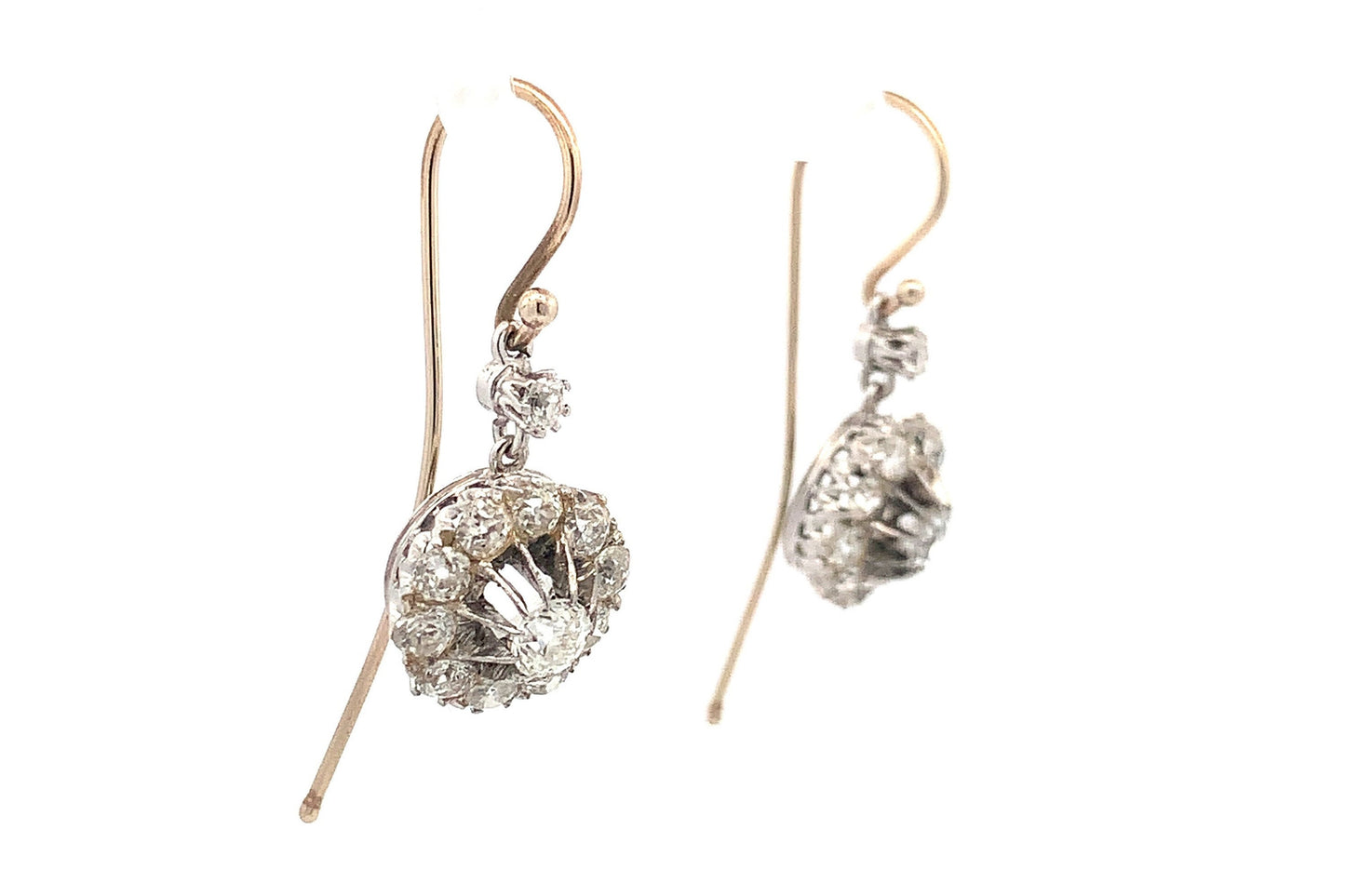 Antique 3 carat Victorian/Edwardian Old European Cut Diamond 18ct White Gold Daisy Cluster Drop Earrings.