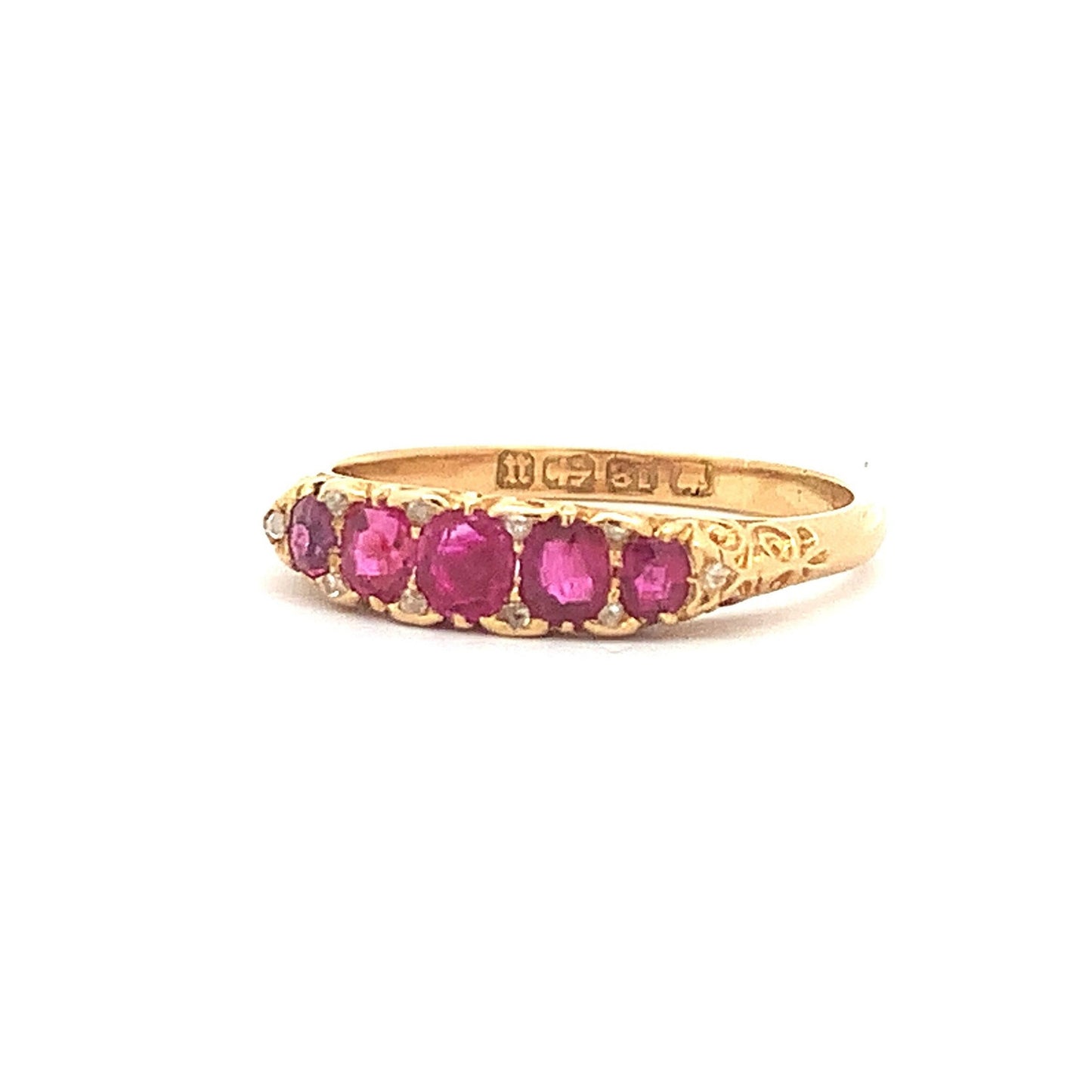 Antique Certificated Natural Ruby and Diamond Carved 5 Stone 18ct Gold Ring. English Hallmarked 1894.