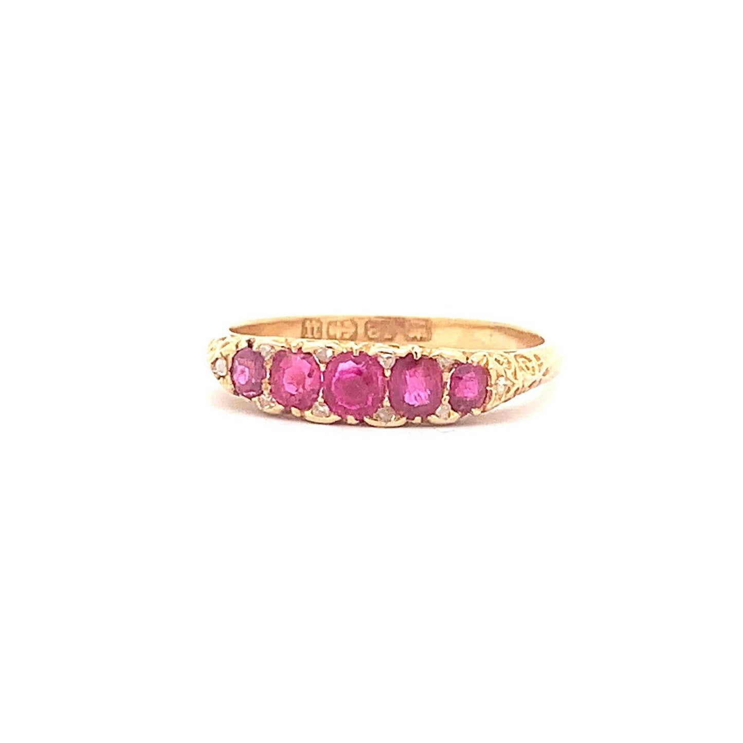 Antique Certificated Natural Ruby and Diamond Carved 5 Stone 18ct Gold Ring. English Hallmarked 1894.