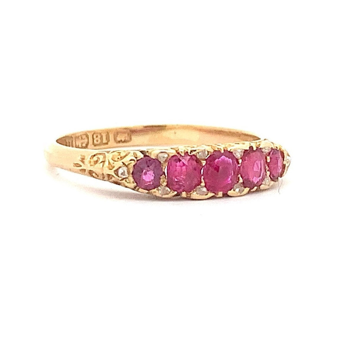 Antique Certificated Natural Ruby and Diamond Carved 5 Stone 18ct Gold Ring. English Hallmarked 1894.