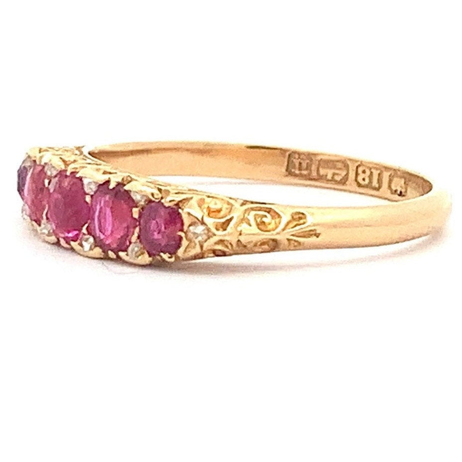 Antique Certificated Natural Ruby and Diamond Carved 5 Stone 18ct Gold Ring. English Hallmarked 1894.
