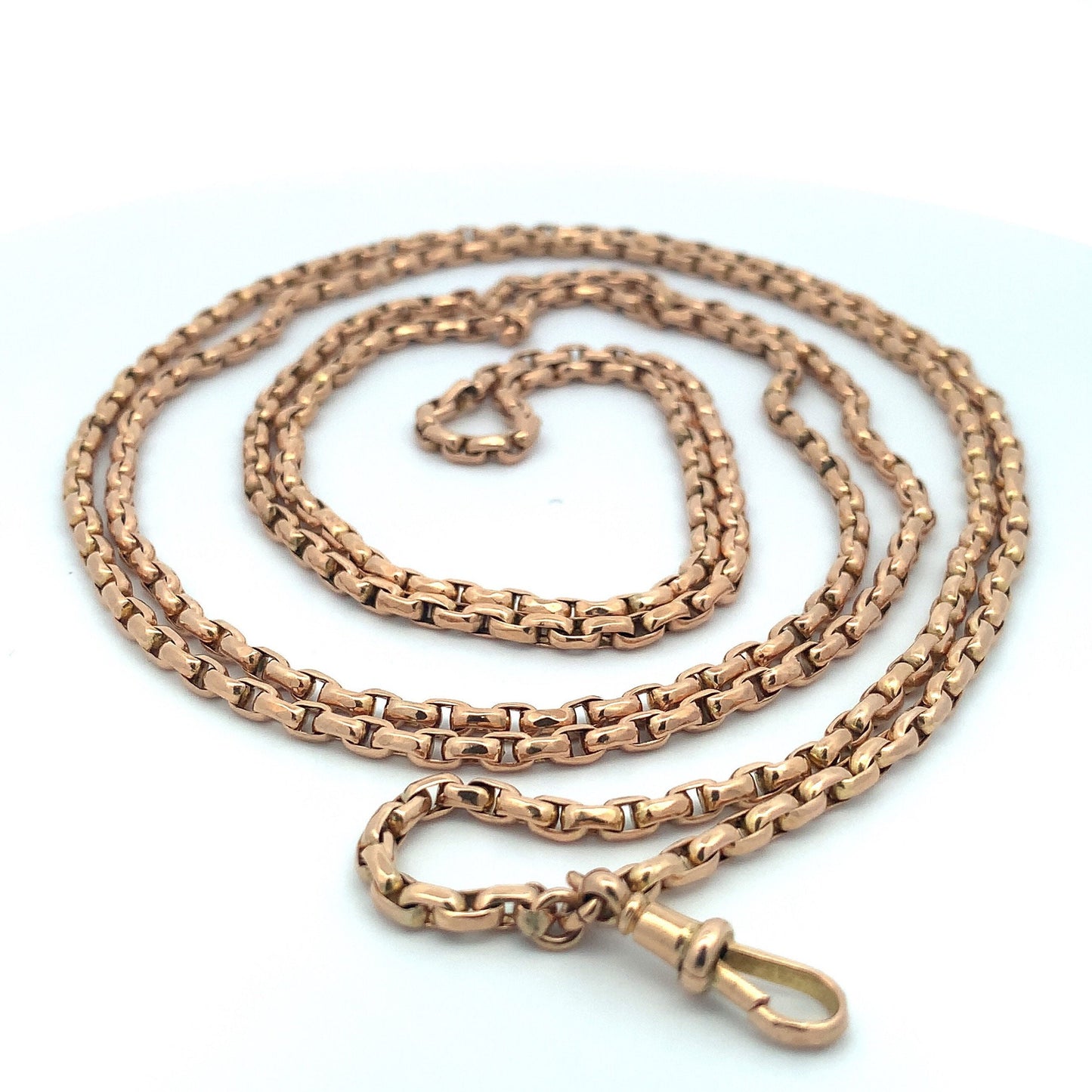 Antique 9ct Rose Gold Guard Chain. Victorian Gold Muff Chain, Long Chain. English Circa 1890. 56 Inches.