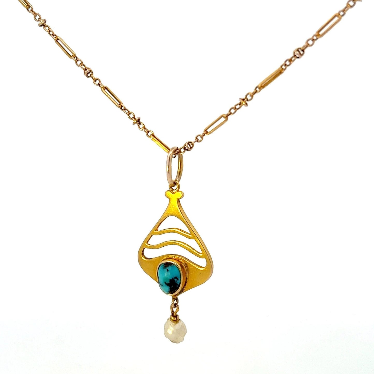 Antique Art Nouveau Murrle Bennett Turquoise Matrix and Natural Pearl 9ct Gold Pendant with original Antique 9ct Gold Fetter Link Chain.