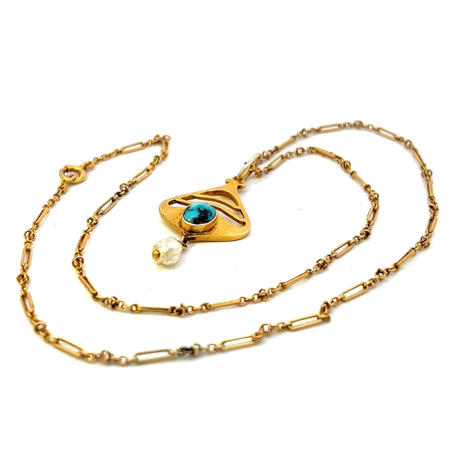 Antique Art Nouveau Murrle Bennett Turquoise Matrix and Natural Pearl 9ct Gold Pendant with original Antique 9ct Gold Fetter Link Chain.