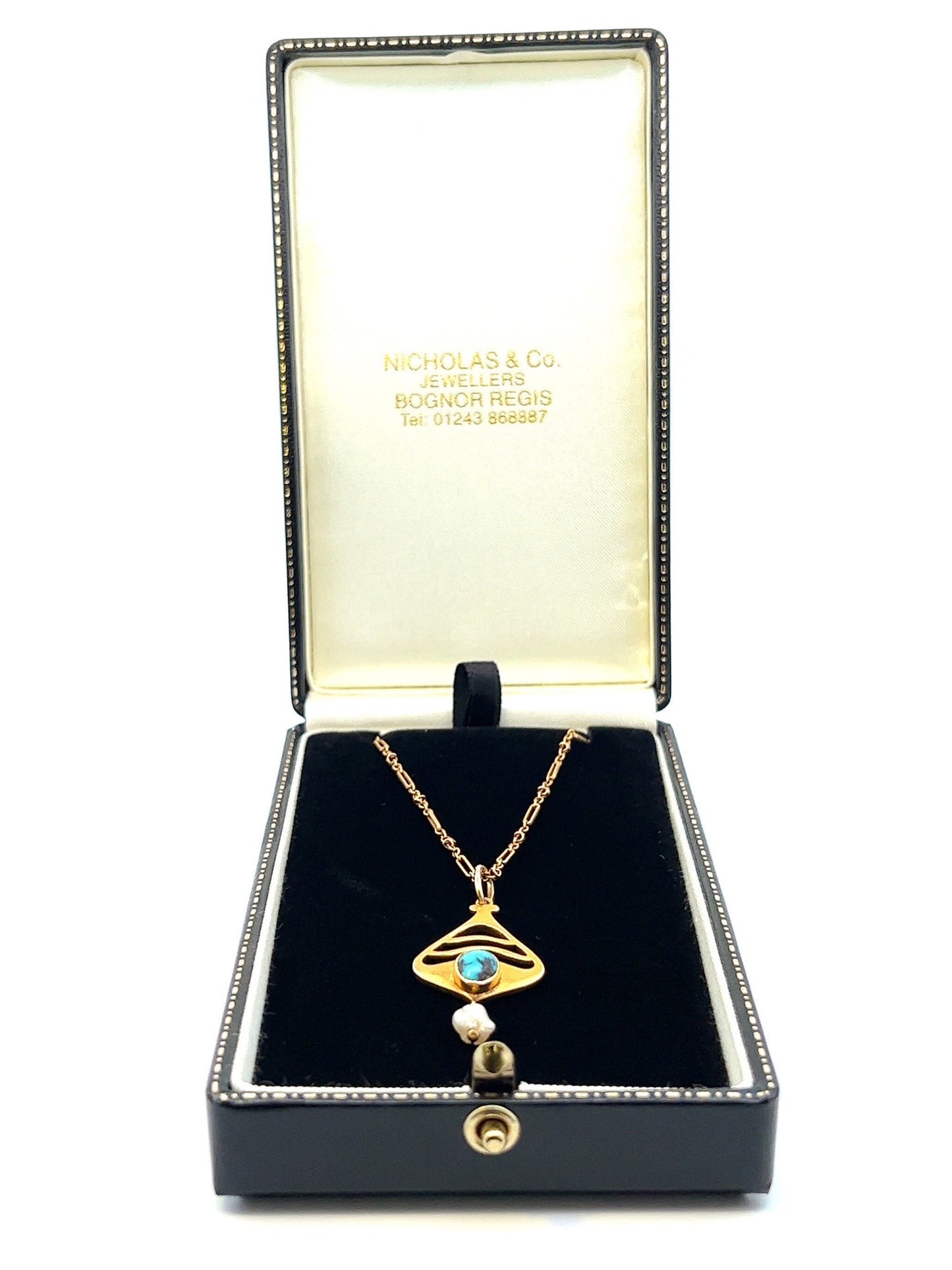 Antique Art Nouveau Murrle Bennett Turquoise Matrix and Natural Pearl 9ct Gold Pendant with original Antique 9ct Gold Fetter Link Chain.