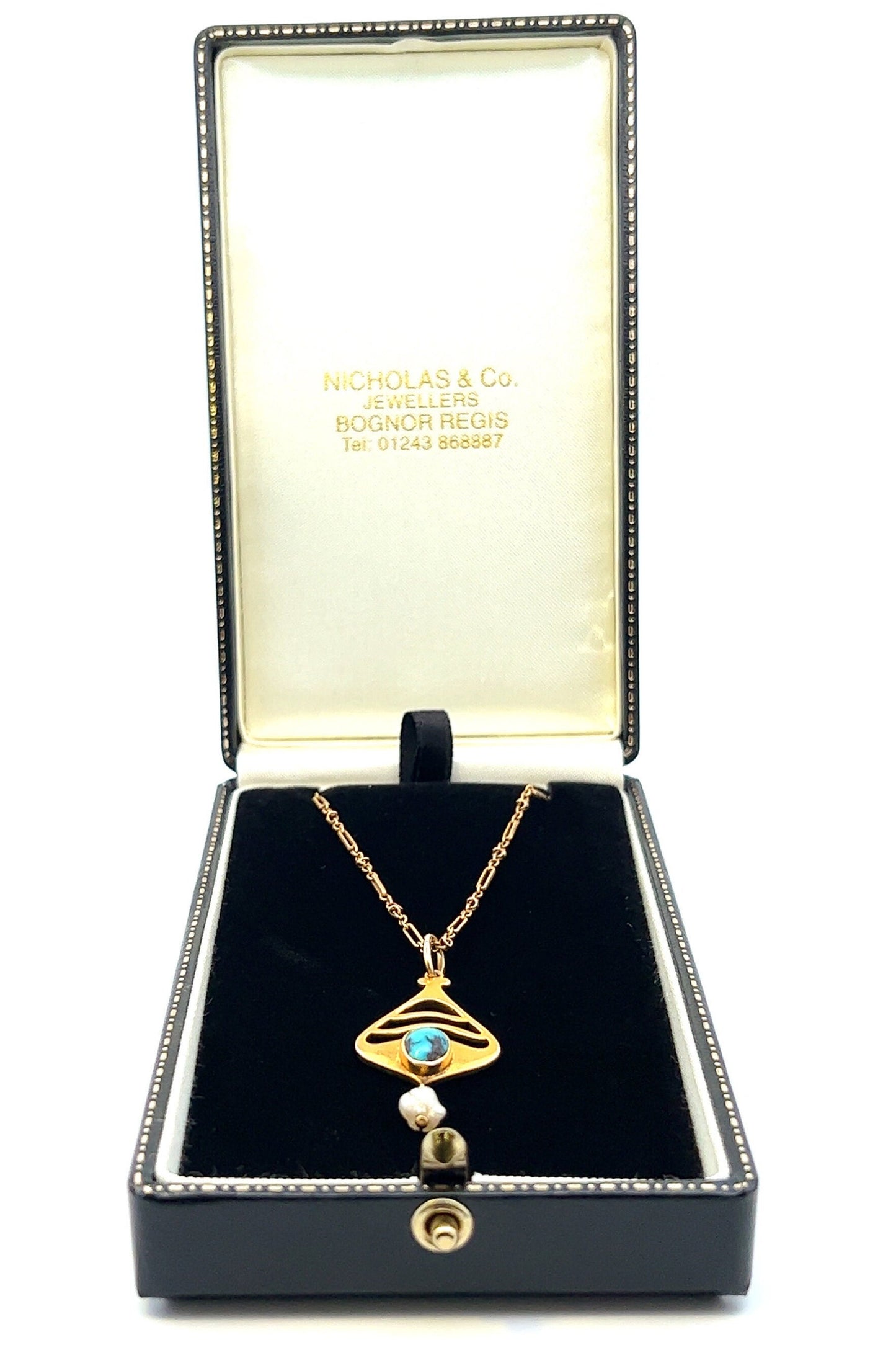 Antique Art Nouveau Murrle Bennett Turquoise Matrix and Natural Pearl 9ct Gold Pendant with original Antique 9ct Gold Fetter Link Chain.