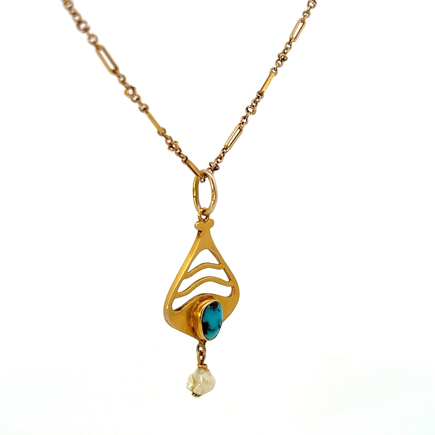 Antique Art Nouveau Murrle Bennett Turquoise Matrix and Natural Pearl 9ct Gold Pendant with original Antique 9ct Gold Fetter Link Chain.