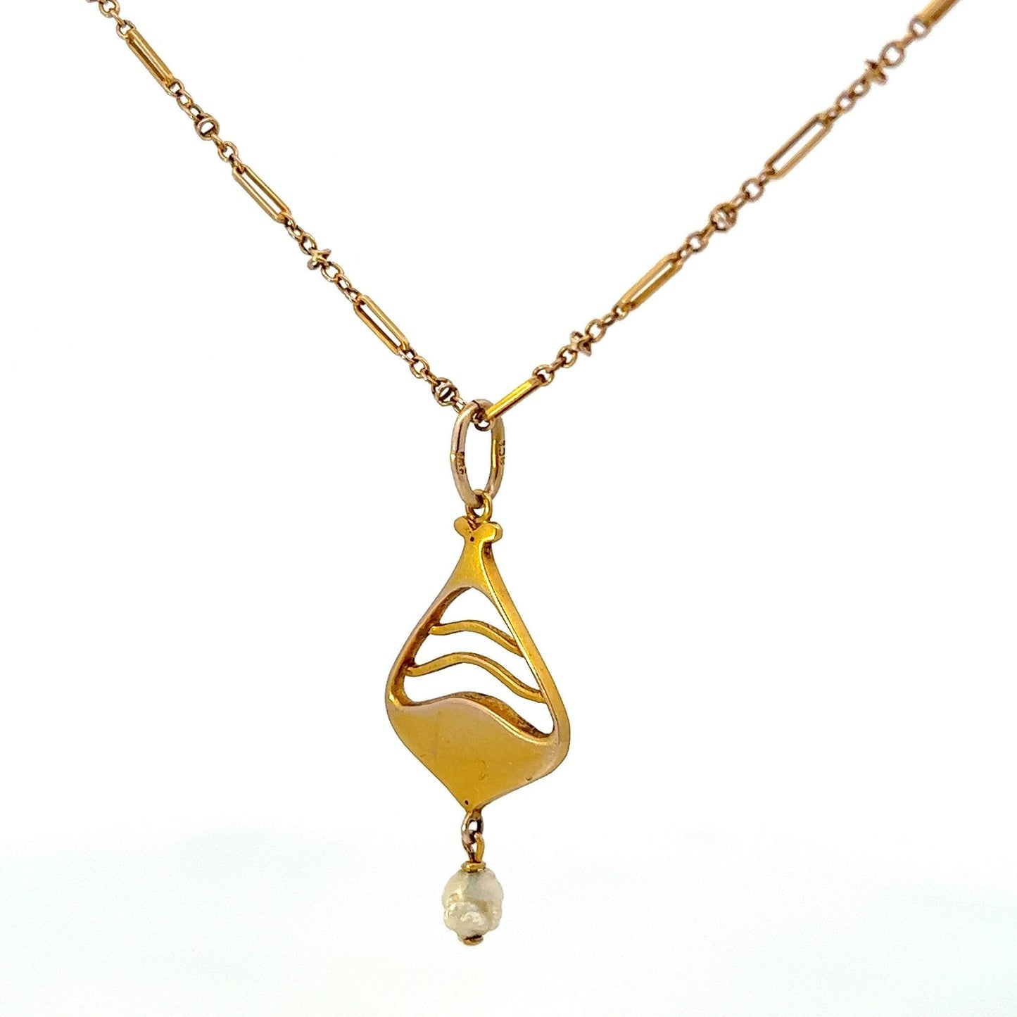 Antique Art Nouveau Murrle Bennett Turquoise Matrix and Natural Pearl 9ct Gold Pendant with original Antique 9ct Gold Fetter Link Chain.