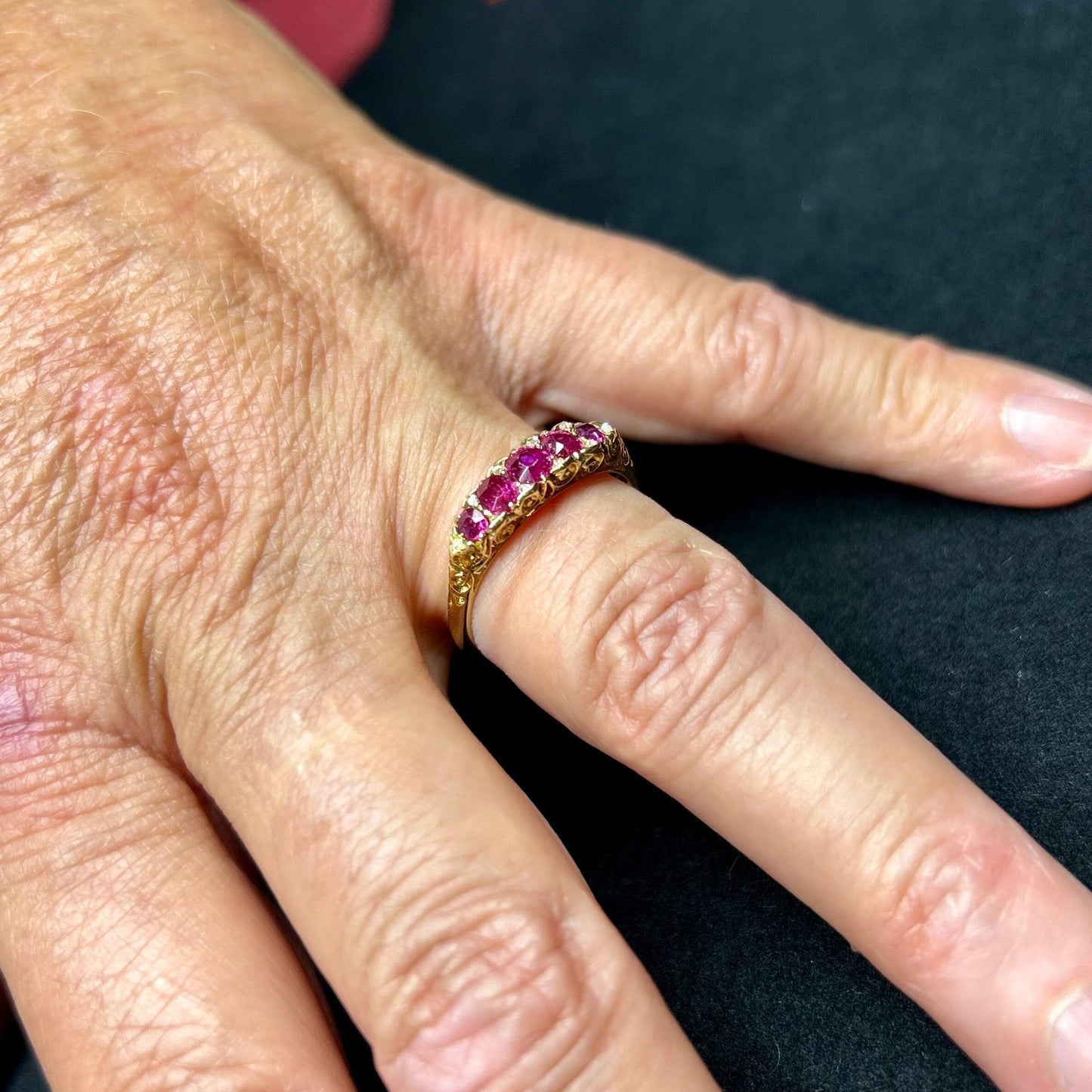 Antique Certificated Natural Ruby and Diamond Carved 5 Stone 18ct Gold Ring. English Hallmarked 1894.