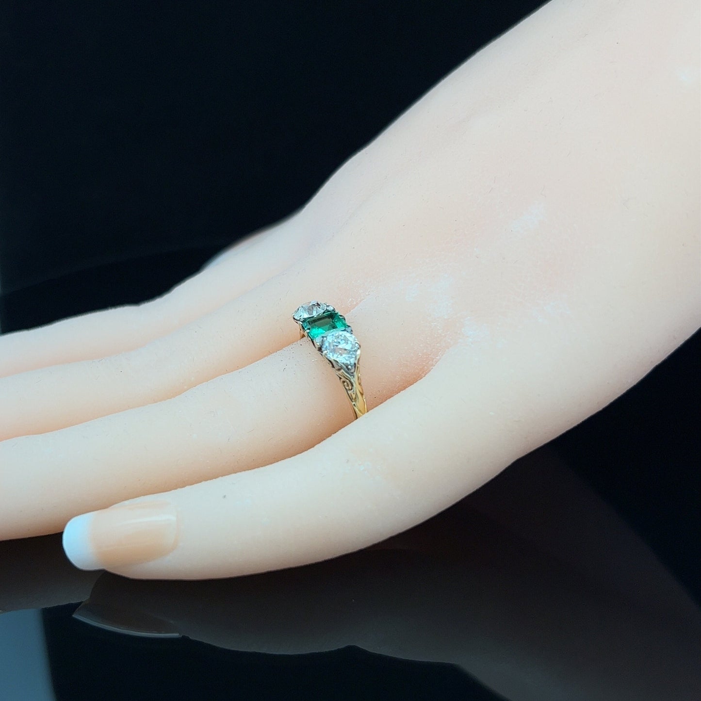 Antique Certificated Colombian Emerald and Diamond 18ct Gold Carved Ring. English Hallmarked 1899.
