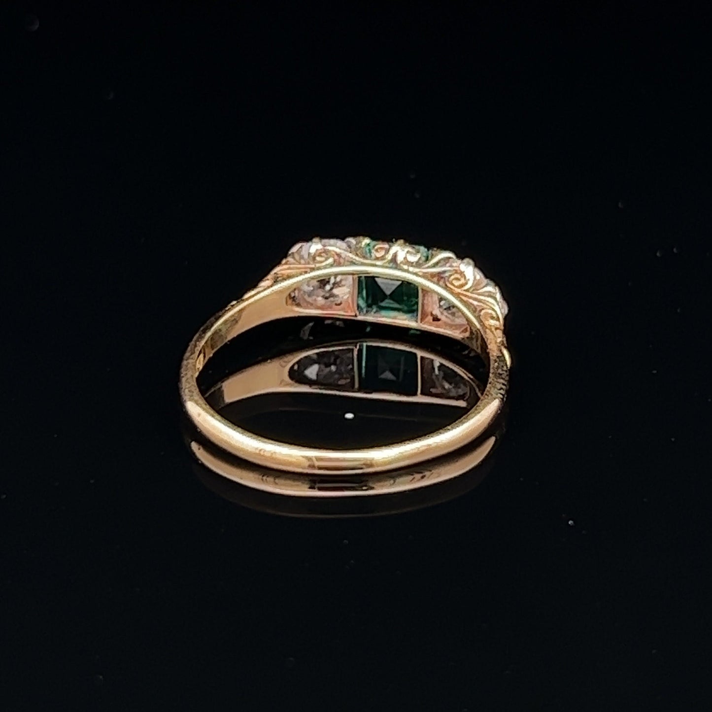 Antique Certificated Colombian Emerald and Diamond 18ct Gold Carved Ring. English Hallmarked 1899.