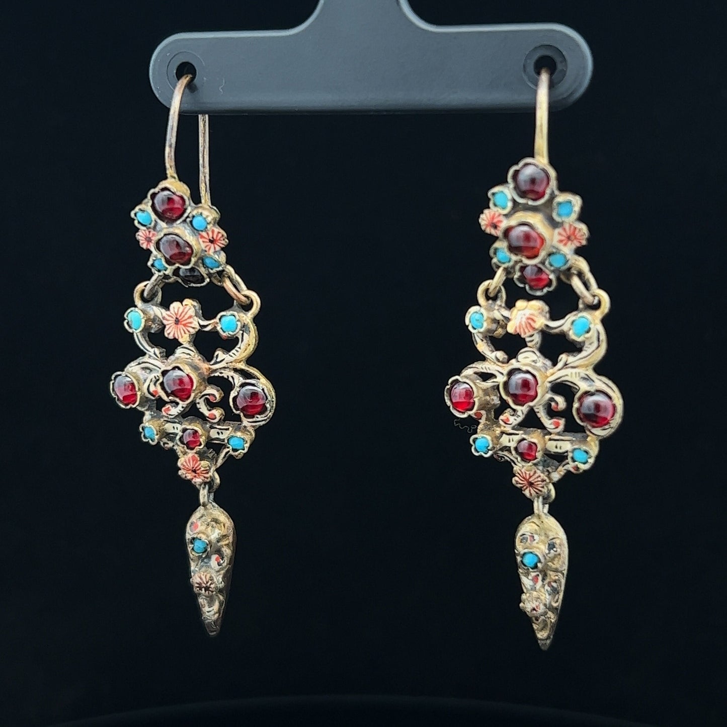 Antique Austro-Hungarian 'Renaissance Revival' Turquoise and Garnet Earring and Cross Suite in Original Case. Rare.