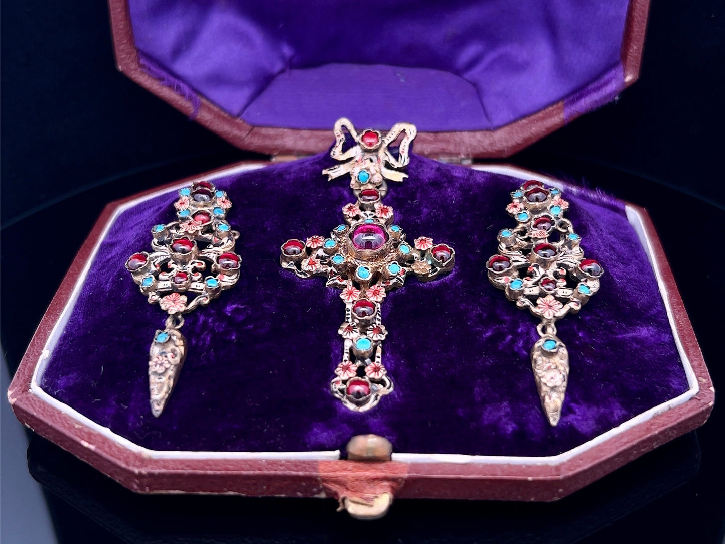 Antique Austro-Hungarian 'Renaissance Revival' Turquoise and Garnet Earring and Cross Suite in Original Case. Rare.