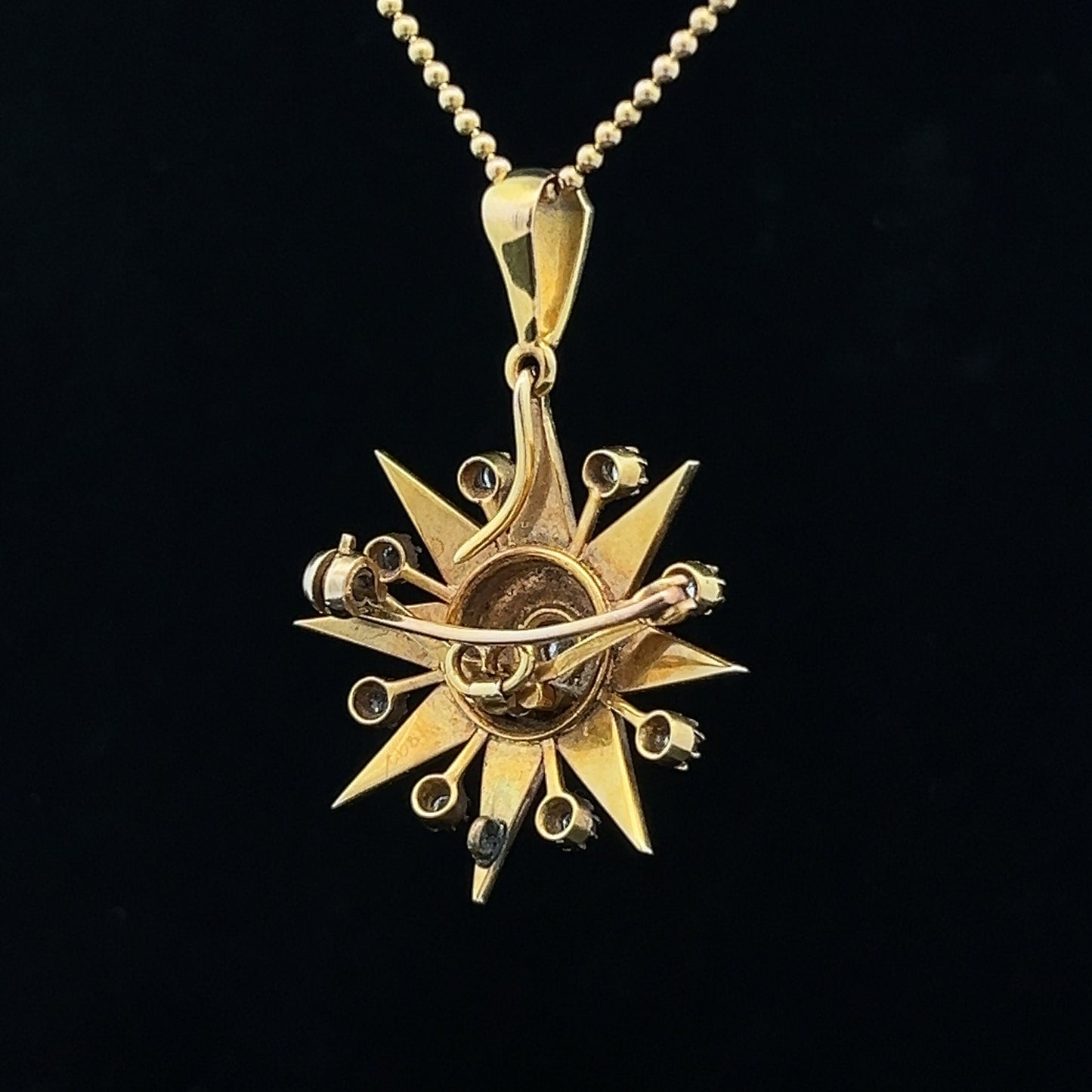 Antique Diamond and Natural Split Pearl High Carat Gold Star Pendant / Brooch in Original Fitted Case. English. Victorian. Circa 1892.