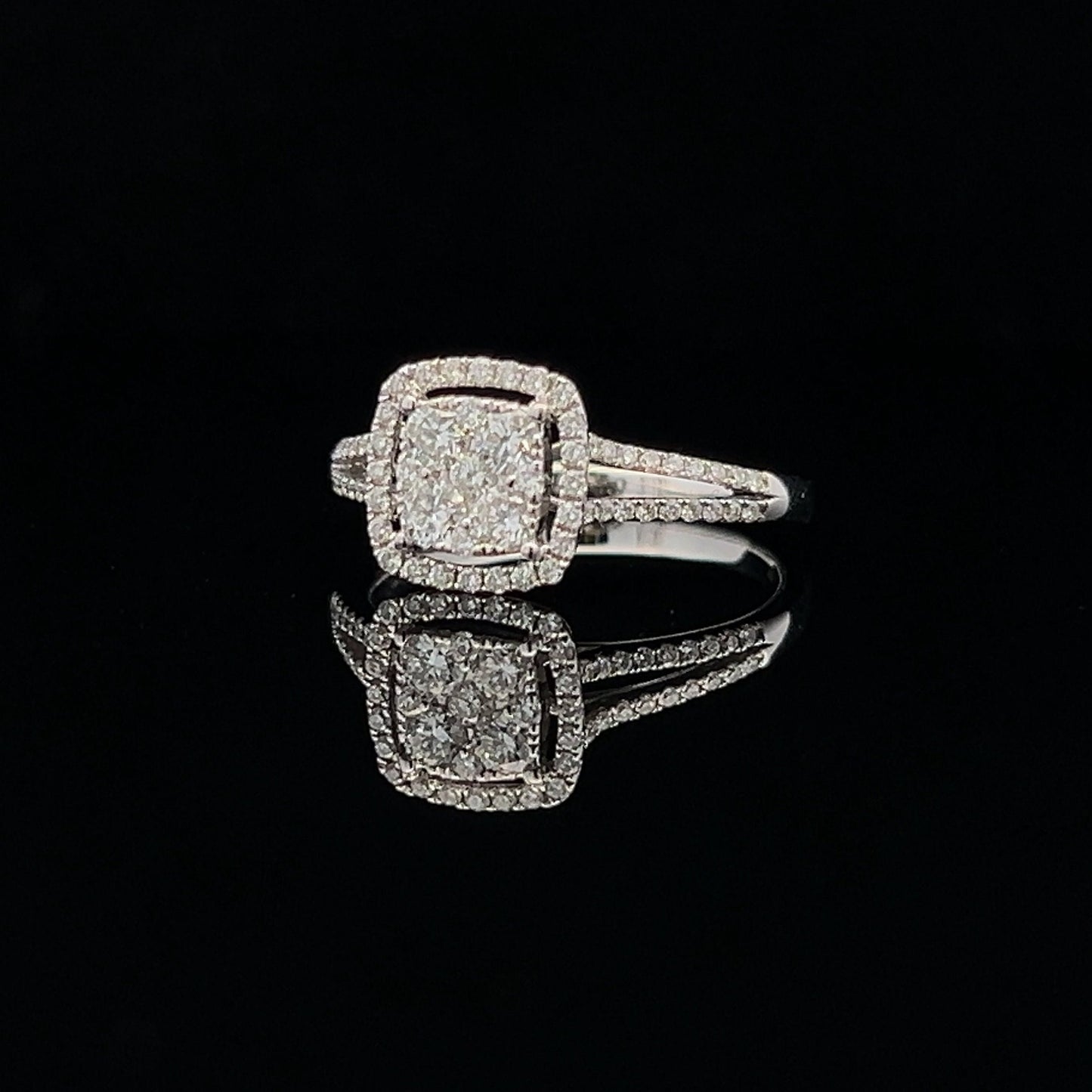 Preloved Natural Diamond Halo Cluster 18ct White Gold Ring with Diamond Split Shoulders. 0.75 Carat Diamond Cluster Ring.