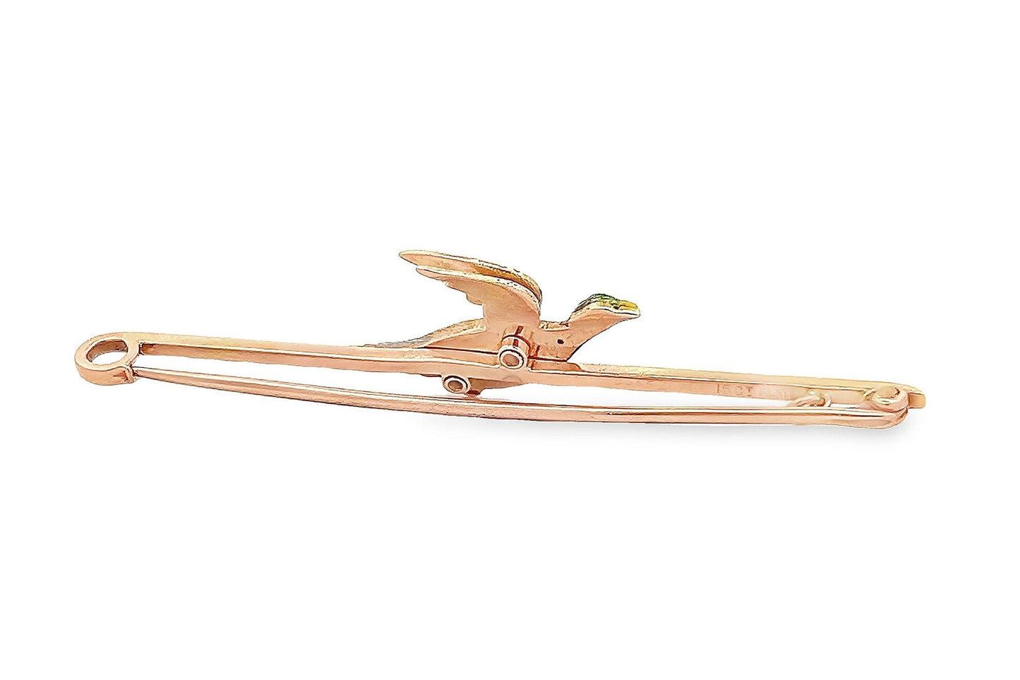 Antique Edwardian 15ct Gold & Platinum, Flying Pheasant Bar Brooch, Enamelled Head. English Circa 1910's/20's. Nice Example. Original Case.
