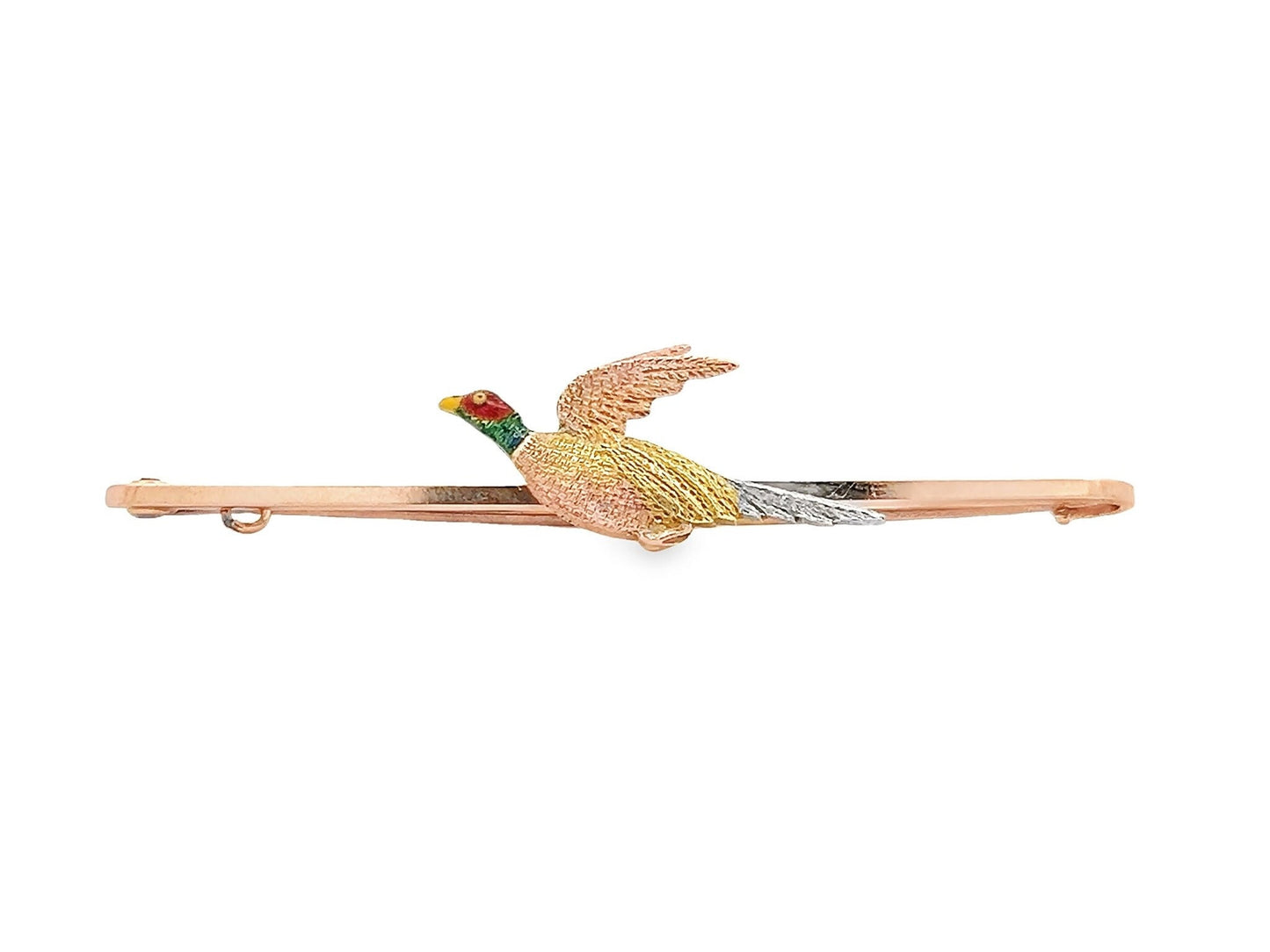 Antique Edwardian 15ct Gold & Platinum, Flying Pheasant Bar Brooch, Enamelled Head. English Circa 1910's/20's. Nice Example. Original Case.