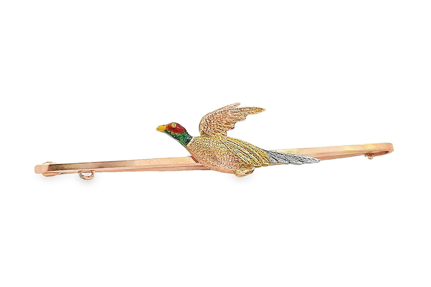 Antique Edwardian 15ct Gold & Platinum, Flying Pheasant Bar Brooch, Enamelled Head. English Circa 1910's/20's. Nice Example. Original Case.