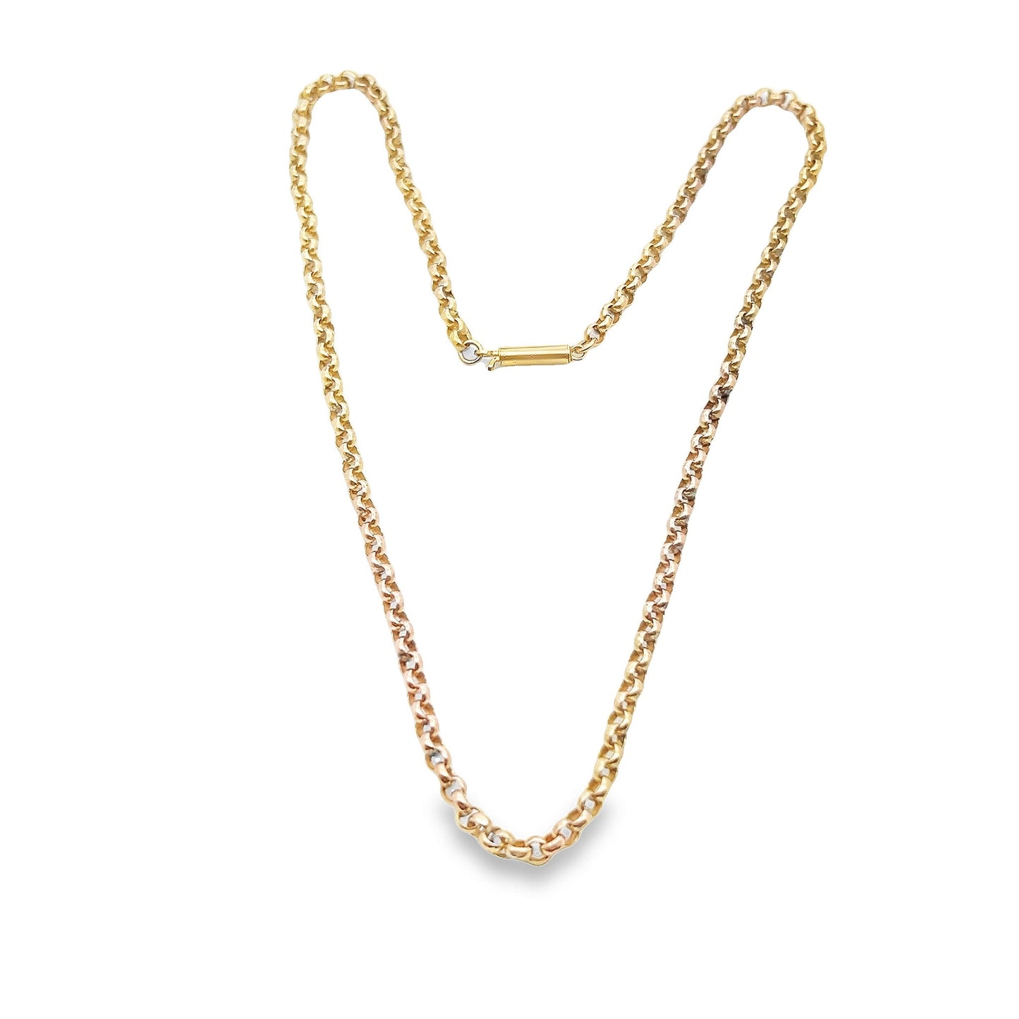 Antique 9ct Yellow Gold Edwardian Faceted Round Belcher Chain. Circa 1900, Excellent Condition, Big Barrel Clasp. 17 inches.