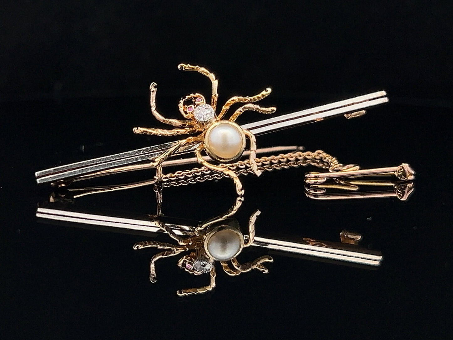 Antique Diamond, Pearl and Ruby 15ct Gold and Platinum Spider Bar Brooch. English Circa 1900-1920. Late Victorian / Edwardian.