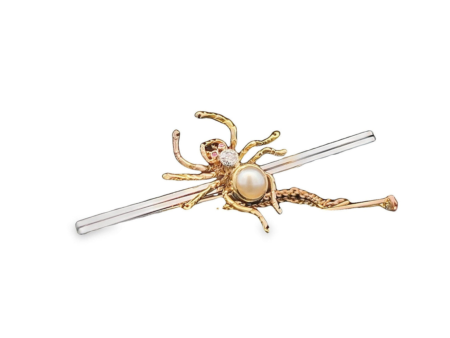 Antique Diamond, Pearl and Ruby 15ct Gold and Platinum Spider Bar Brooch. English Circa 1900-1920. Late Victorian / Edwardian.