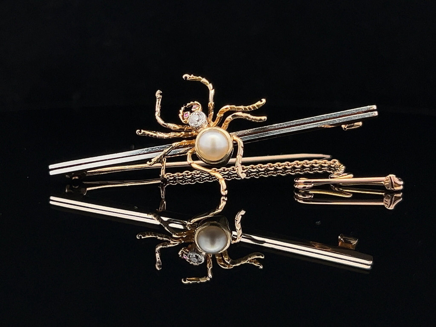 Antique Diamond, Pearl and Ruby 15ct Gold and Platinum Spider Bar Brooch. English Circa 1900-1920. Late Victorian / Edwardian.