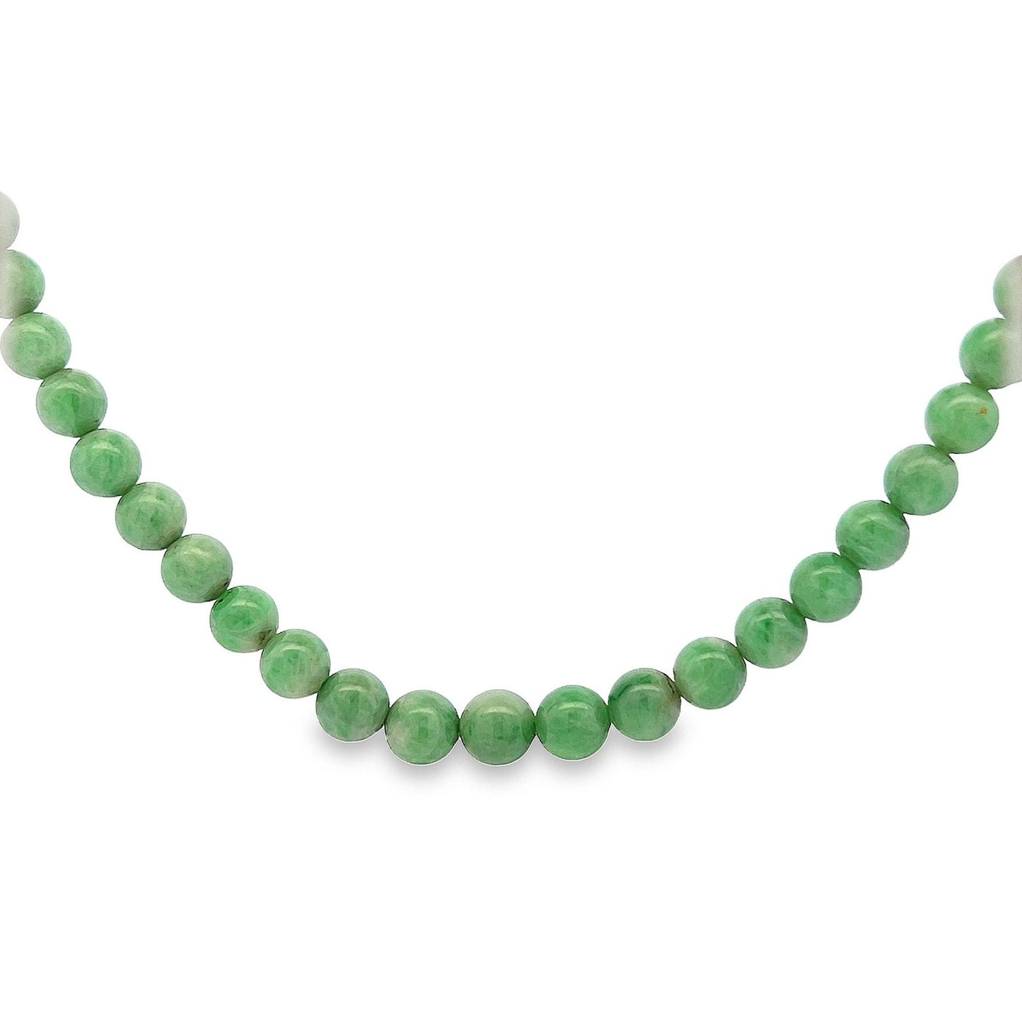 Antique Art Deco Jade Necklace with Diamond Set 18ct White Gold Clasp. Circa 1920's. 26 inch. Lovely Green Beads. 9.1mm to 4.1mm. 55.9g