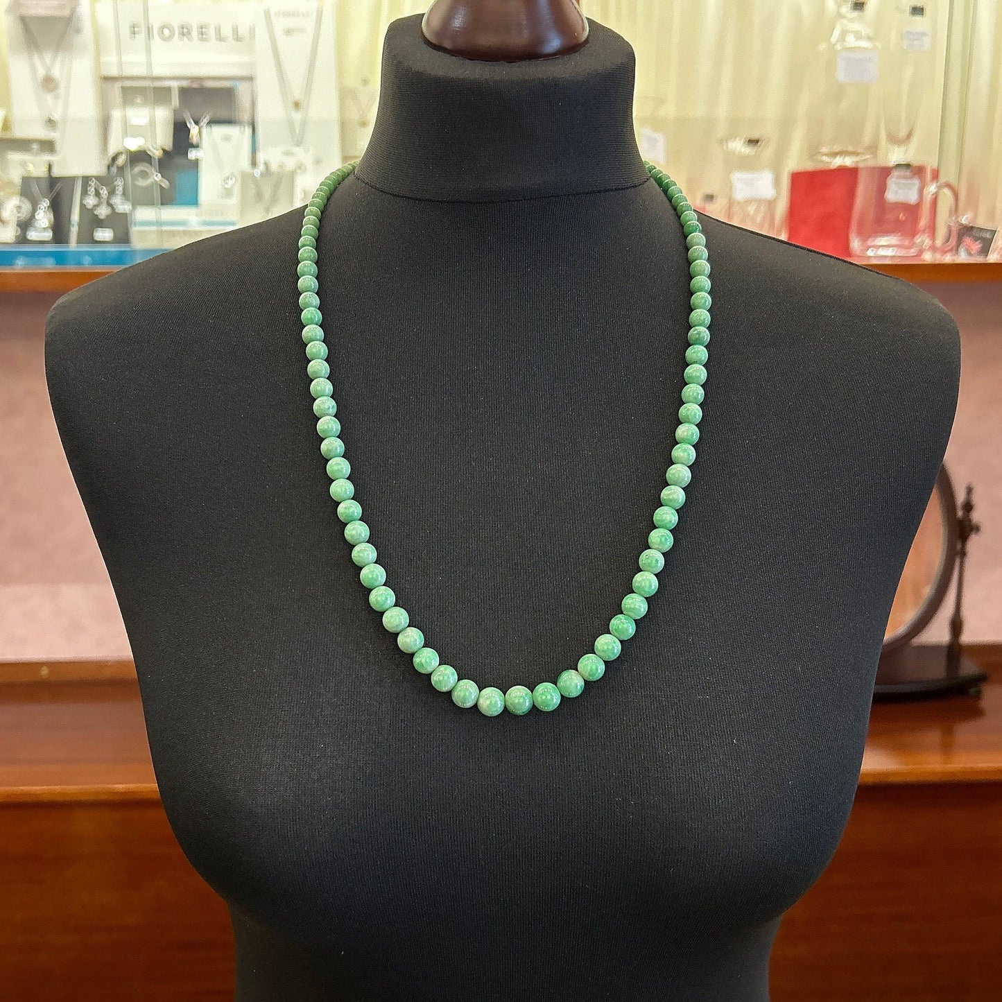 Antique Art Deco Jade Necklace with Diamond Set 18ct White Gold Clasp. Circa 1920's. 26 inch. Lovely Green Beads. 9.1mm to 4.1mm. 55.9g
