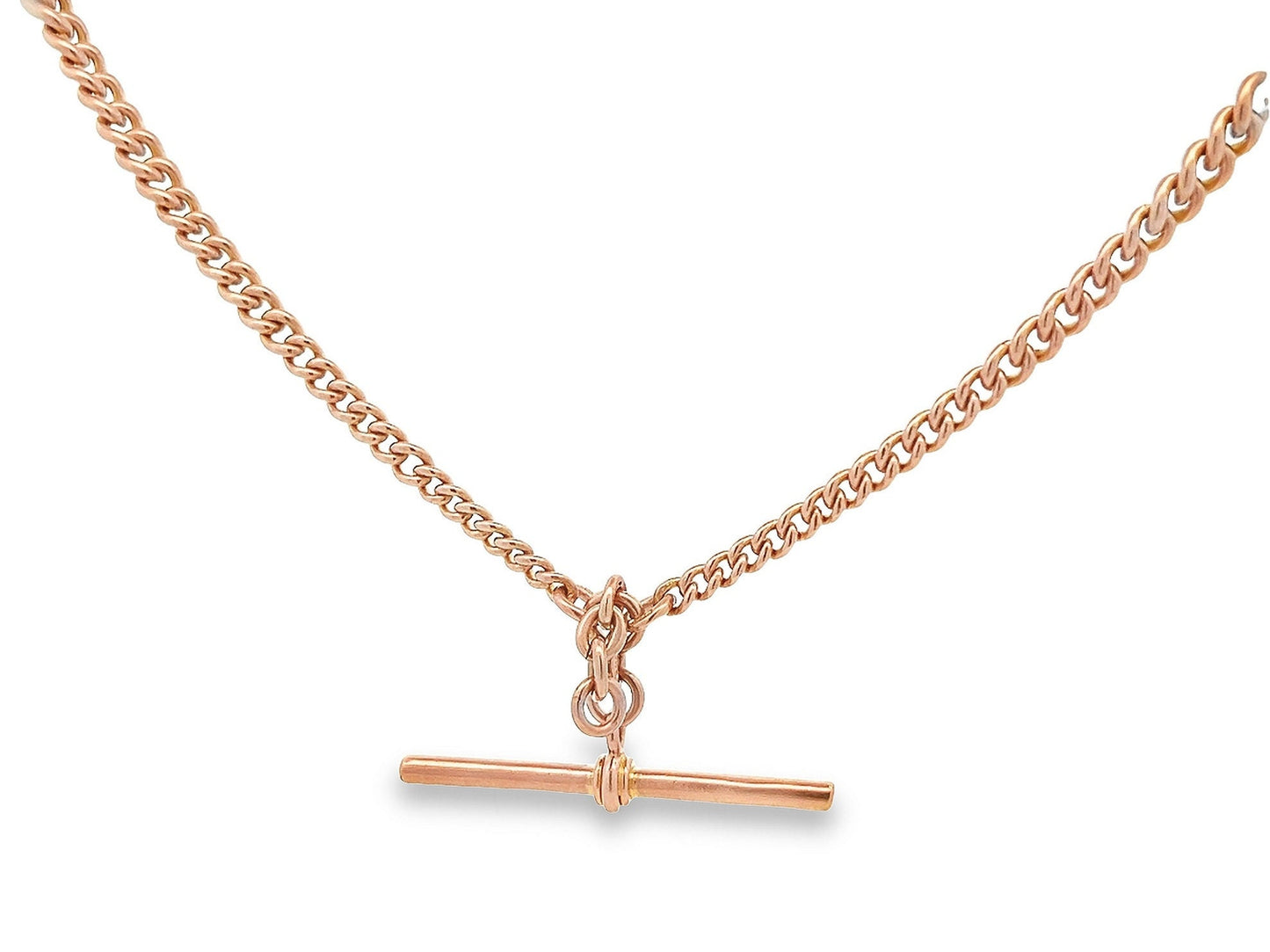 Antique Art Deco 9ct Rose Gold Double Albert Watch Chain with T-Bar. Graduated Curb Link. Birmingham 1927.