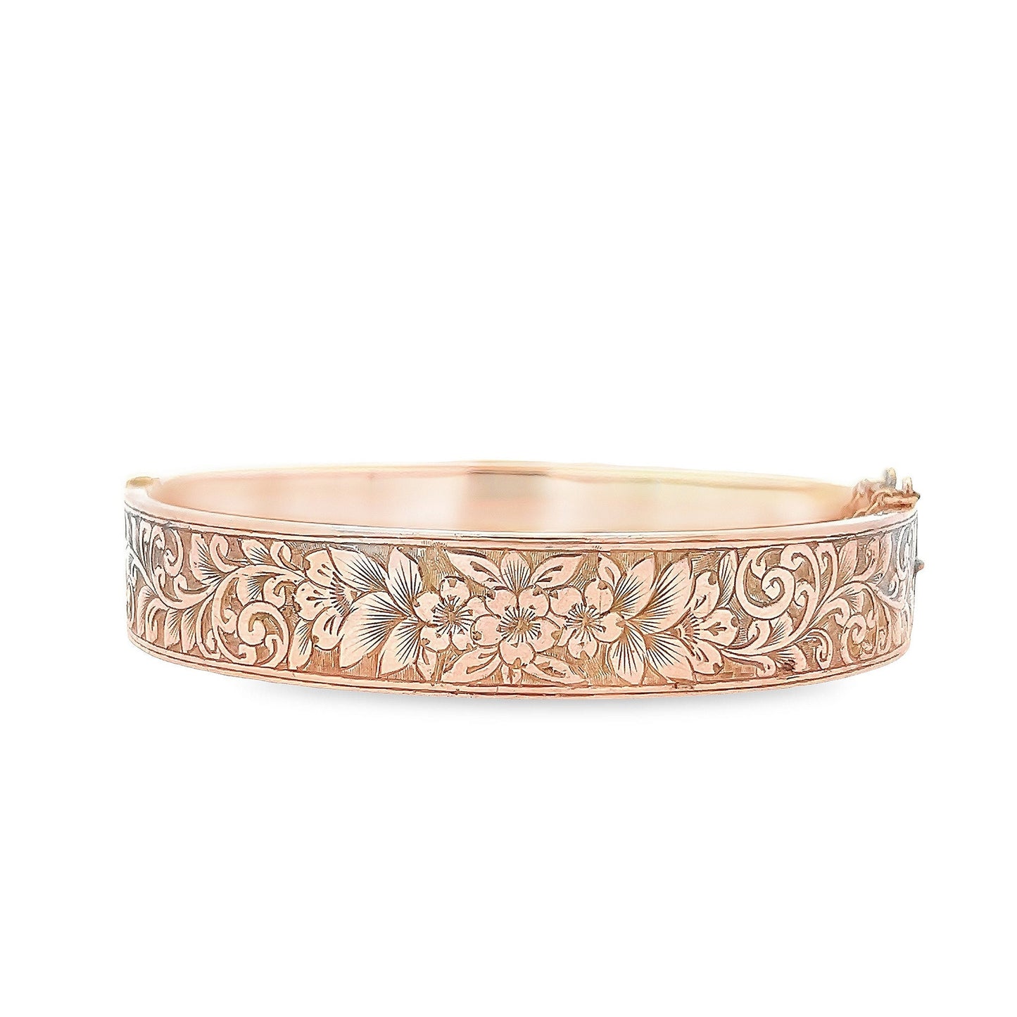 Antique Art Deco 9ct Rose Gold Hinged Bangle with Engraved Foliate Motifs. Dated Chester 1920.