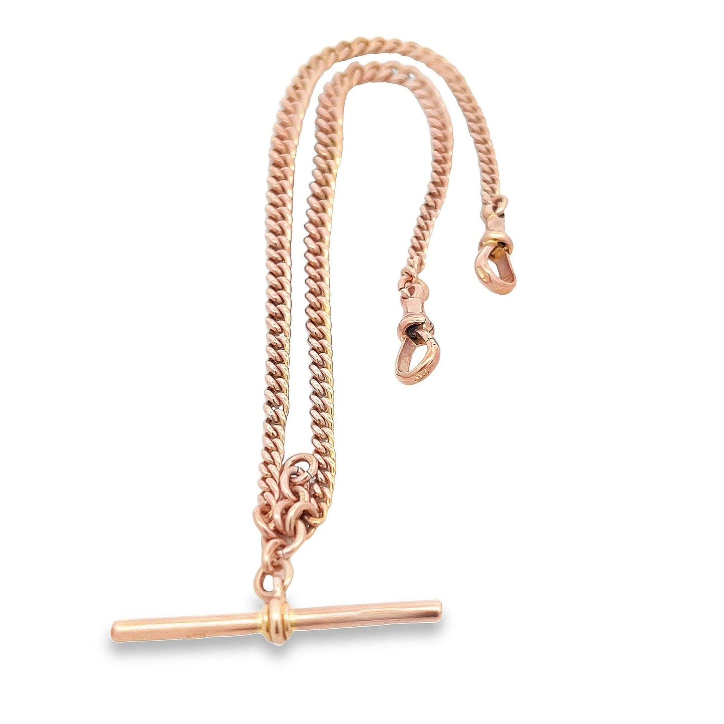 Antique Art Deco 9ct Rose Gold Double Albert Watch Chain with T-Bar. Graduated Curb Link. Birmingham 1927.