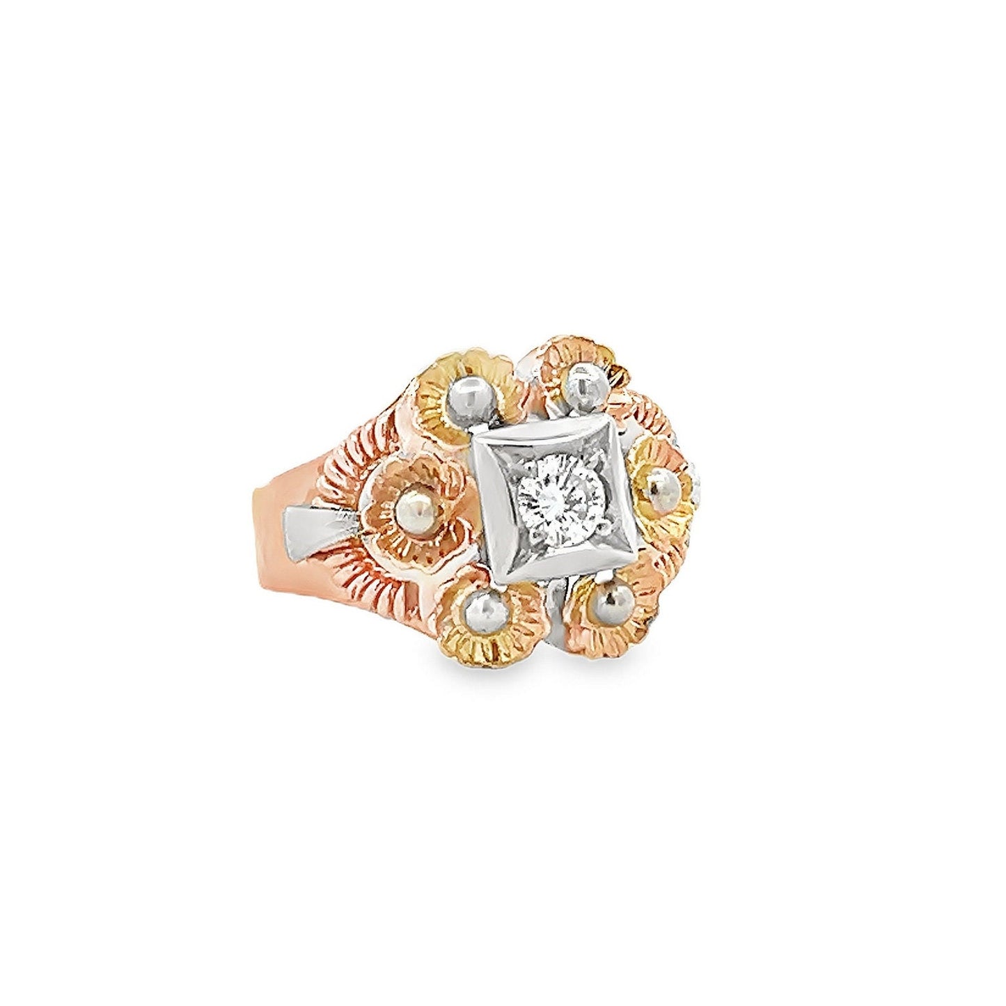 A Stylish Vintage Mid-Century Diamond Set 18ct Gold Cocktail Ring. Two-tone 18ct Gold Cocktail Ring. 0.30 Carats Diamond.