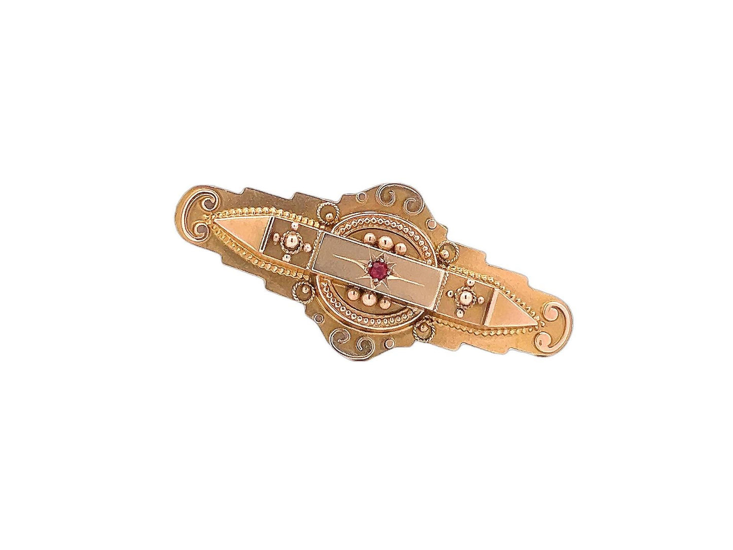 Antique Edwardian 'Locket Back' Star Set Ruby 9ct Gold Etruscan Revival Bar Brooch. Dated Birmingham 1907