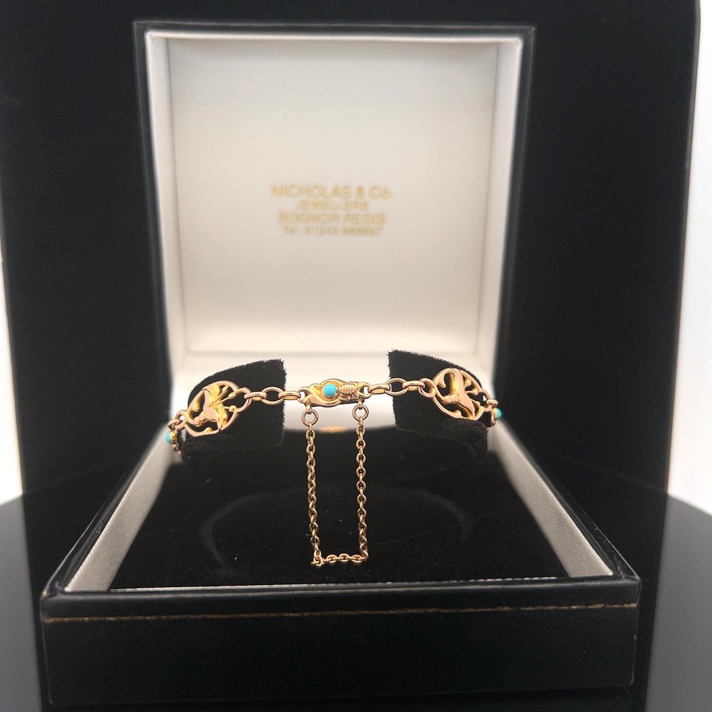Antique Art Nouveau Turquoise Fuchsia 15ct Gold Bracelet. Circa 1910