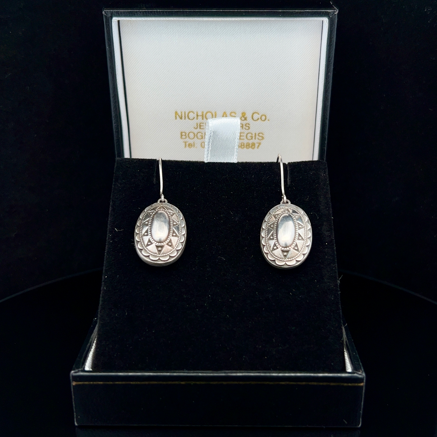 Antique Victorian Sterling Silver Oval Drop Earrings