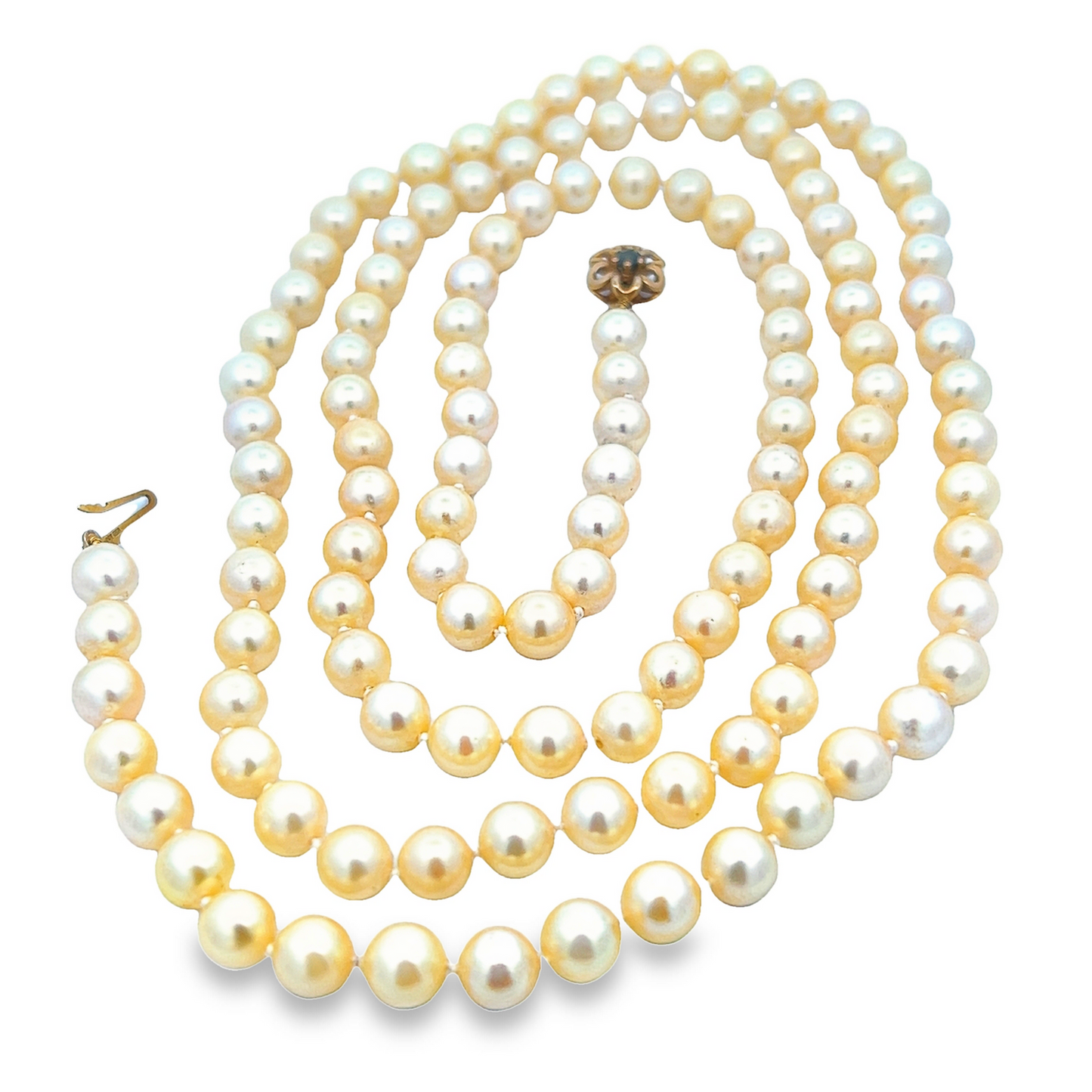 Vintage Single Row Cultured Pearl Art Deco Flapper Style Necklace with Sapphire 9ct Gold Clasp