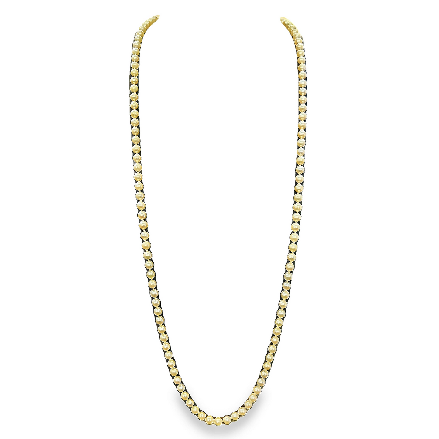 Vintage Single Row Cultured Pearl Art Deco Flapper Style Necklace with Sapphire 9ct Gold Clasp