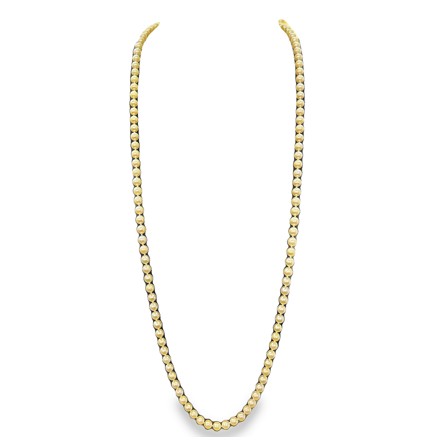 Vintage Single Row Cultured Pearl Art Deco Flapper Style Necklace with Sapphire 9ct Gold Clasp