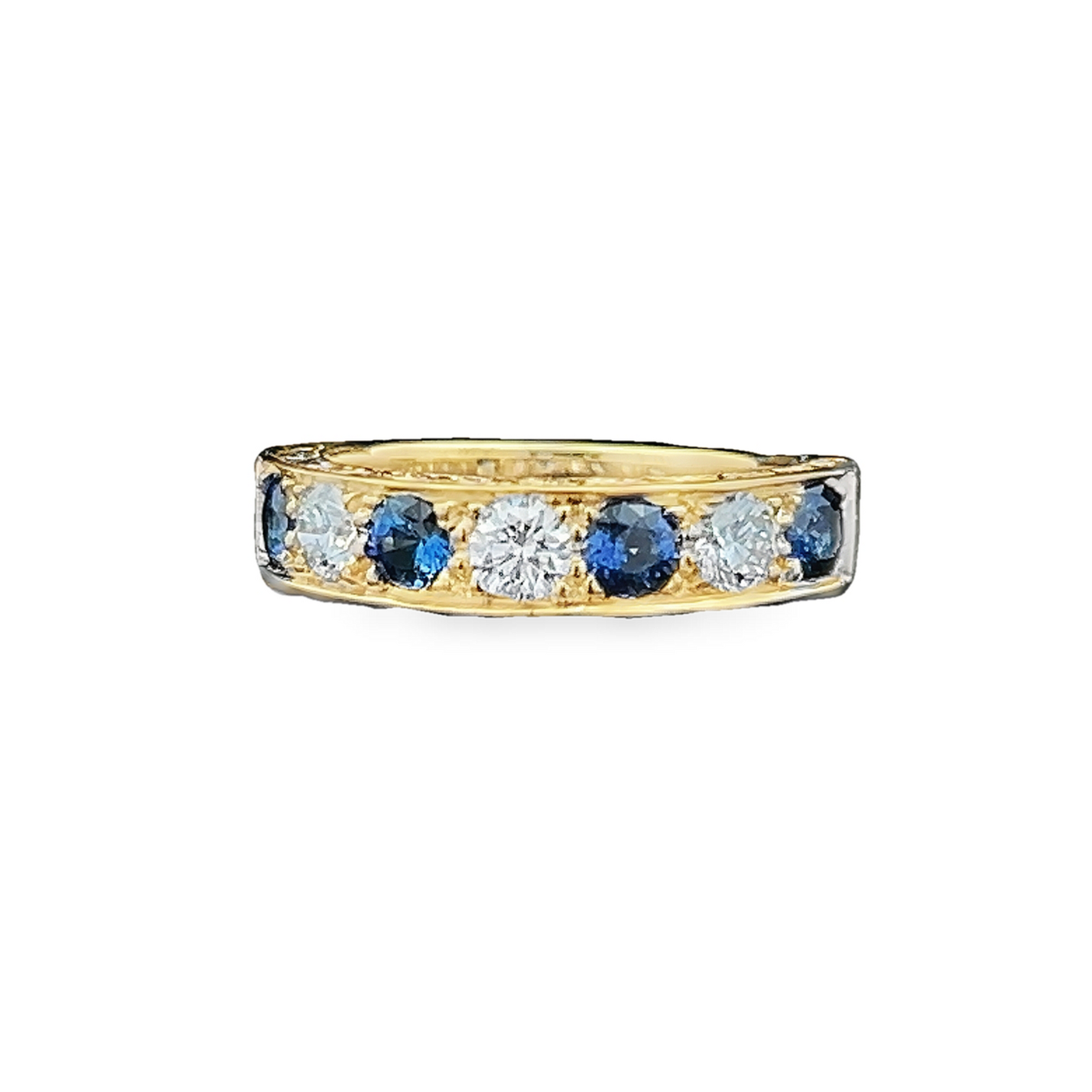 Bespoke Sapphire and Natural Diamond 18ct Gold Carved Half Eternity Ring