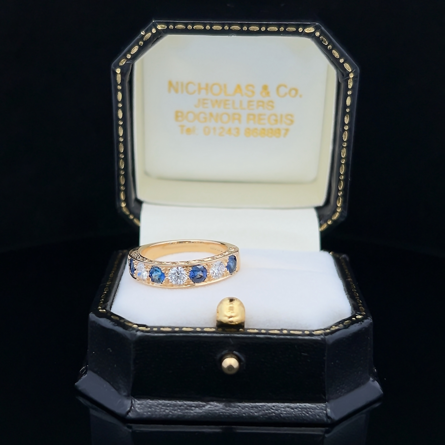 Bespoke Sapphire and Natural Diamond 18ct Gold Carved Half Eternity Ring
