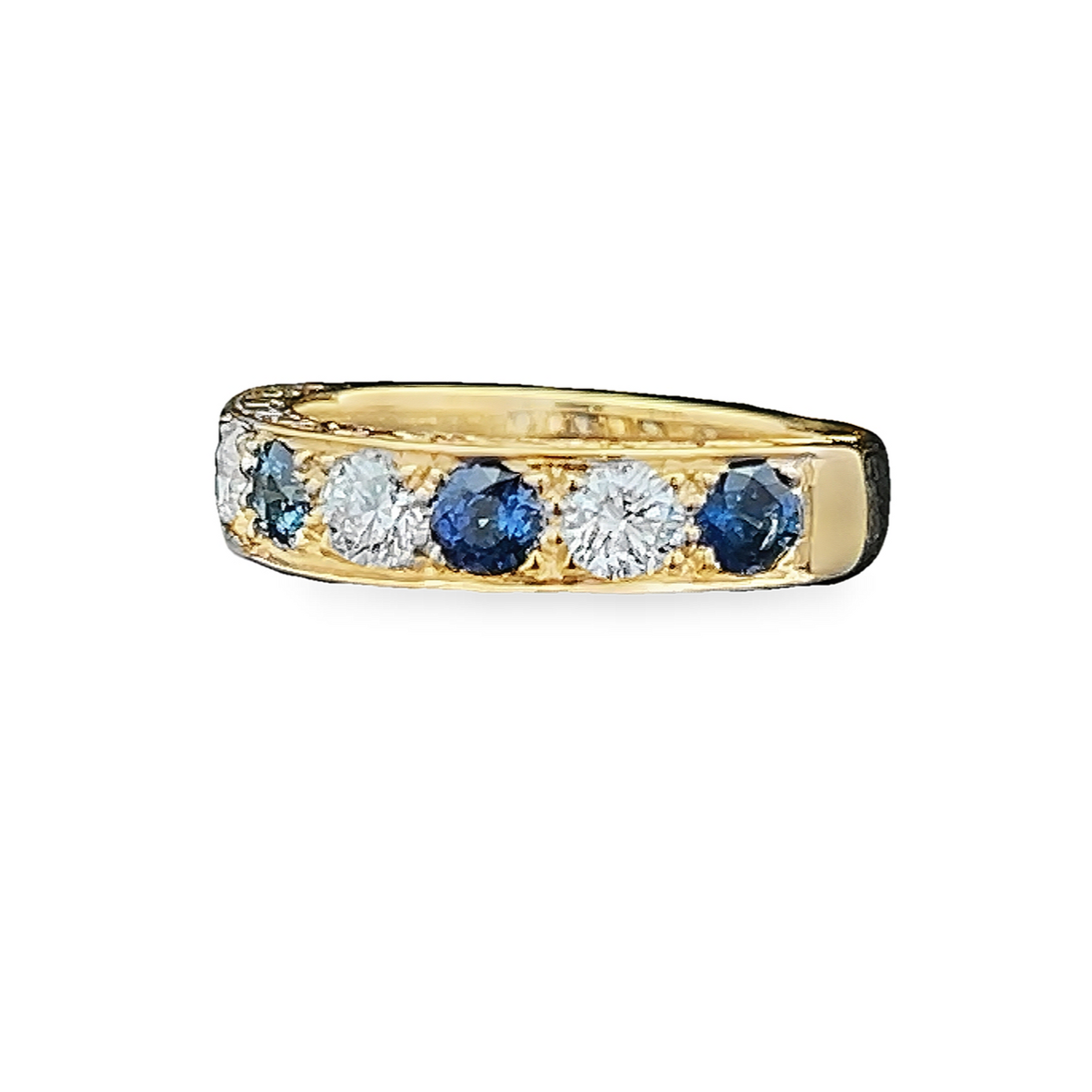 Bespoke Sapphire and Natural Diamond 18ct Gold Carved Half Eternity Ring