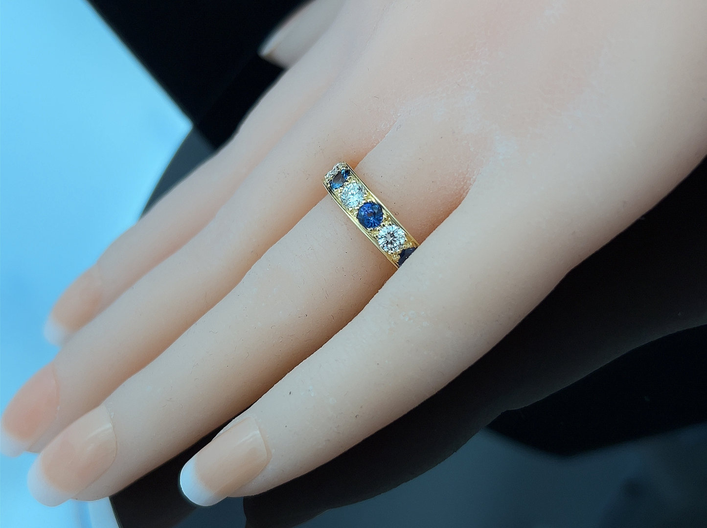 Bespoke Sapphire and Natural Diamond 18ct Gold Carved Half Eternity Ring