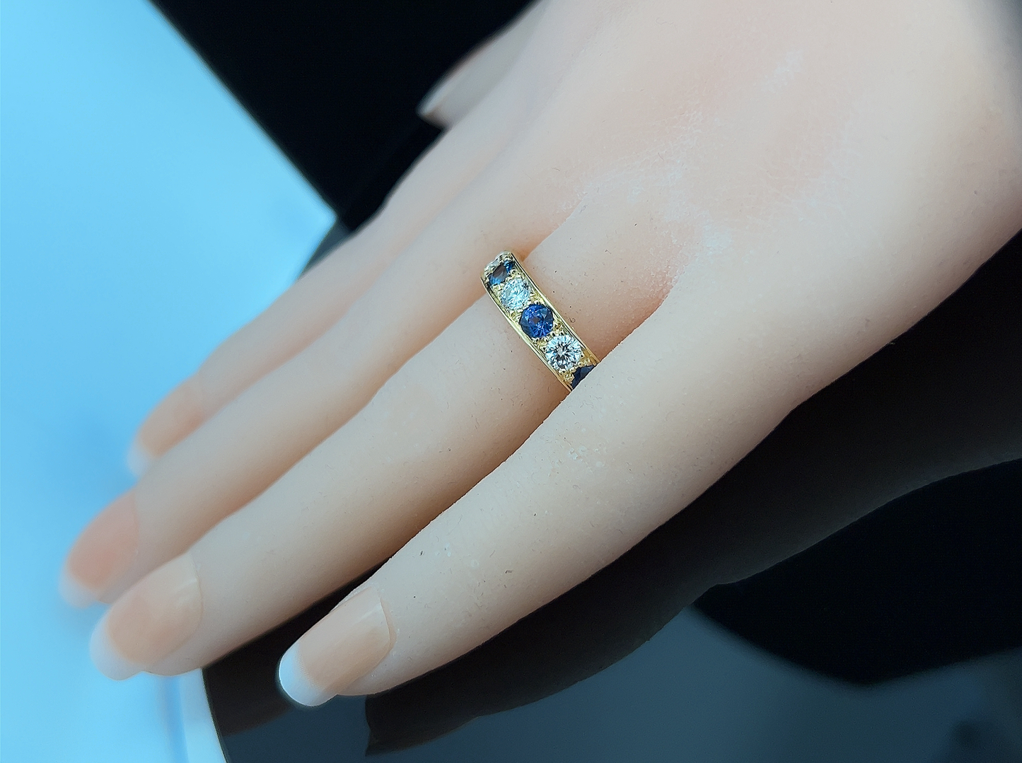 Bespoke Sapphire and Natural Diamond 18ct Gold Carved Half Eternity Ring