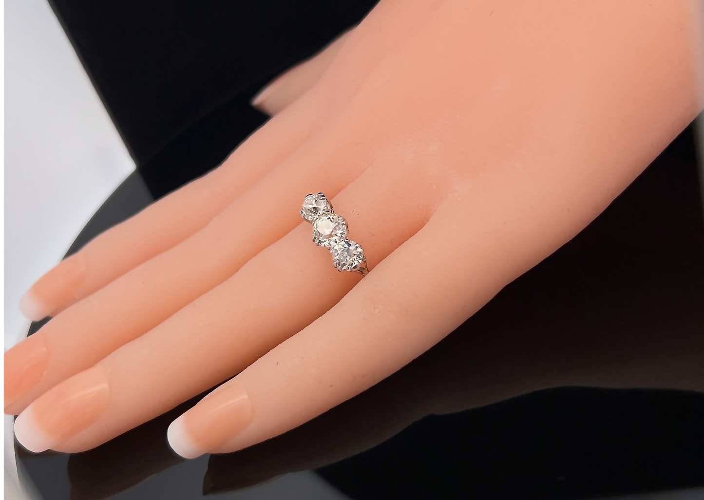 Antique Certificated 1.77 Carat Old European Cut Natural Diamond 3 Stone Platinum Ring