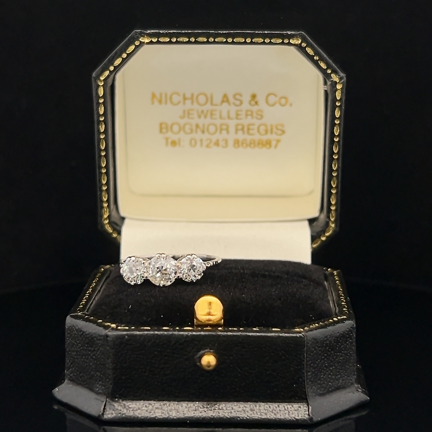 Antique Certificated 1.77 Carat Old European Cut Natural Diamond 3 Stone Platinum Ring