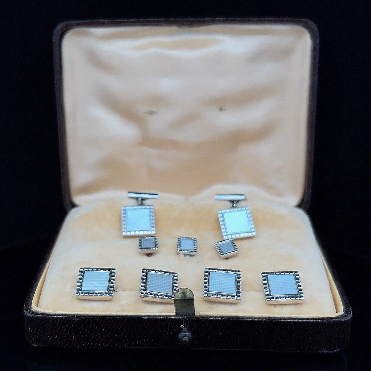 Vintage Art Deco 9ct White Gold & Mother of Pearl Boxed Dress Set by S J Rose