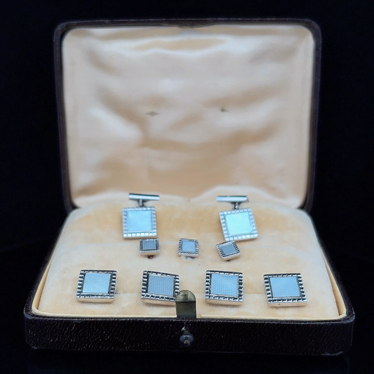 Vintage Art Deco 9ct White Gold & Mother of Pearl Boxed Dress Set by S J Rose